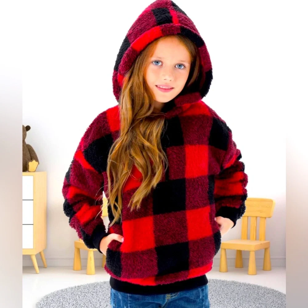 Girls Red & Black Sherpa Fleece Hooded Pullover Sweatshirt, Sz 14-15